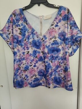 MELLODAY Blue & Pink Floral V-Neck Blouse